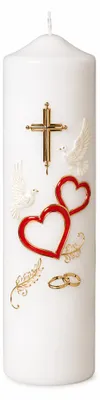 Produktbild von Hochzeitskerze Stumpenkerze mit Herzen, Kreuz & Tauben mit Namen & Datum, KI-generiertes Bild