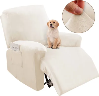 Produktbild von Relaxsessel Sesselbezug Stretch Samt Liegestuhlbezug mit Seitentasche 4-teiliges Set Elastischer Sesselschoner 1-Sitzer, Beige
