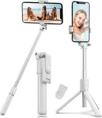 Zdjęcie produktu dla Statyw z samowyzwalaczem, statyw 4 w 1 z Bluetooth, z wysuwanym monopodem teleskopowym, pilotem zdalnego sterowania i stabilizującą podstawą (biały)