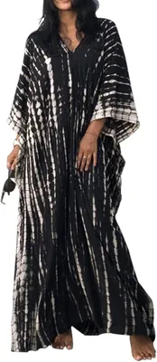 Produktbild von Langer Strandkleid im Kaftan-Stil für Damen mit Blumenmuster in Schwarz, Einheitsgröße, geeignet als Überwurf für den Bikini