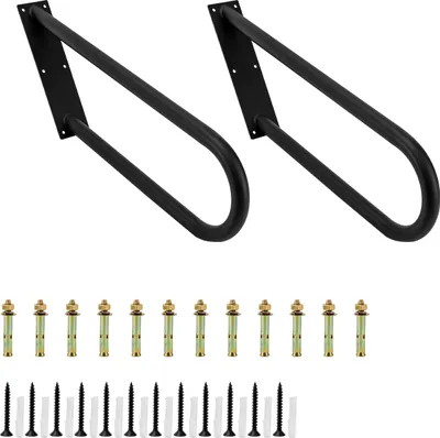 Two black U-shaped handrails are mounted on a white background, with a row of mounting hardware below them.