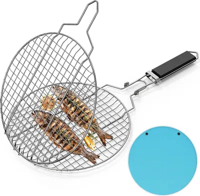 Produktbild von Runden Grillkorb BBQ, Edelstahl, Faltbarer Grillkorb mit Abnehmbarem Griff, Grillzubeh?r