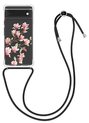 Produktbild von kwmobile Necklace Case kompatibel mit Google Pixel 6 Hülle - Silikon Cover mit Handykette - Rosa Weiß Transparent Magnolien