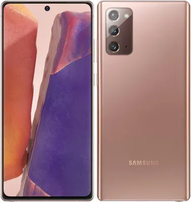 A front and back view of a Samsung Galaxy Note 20 smartphone in Mystic Bronze.