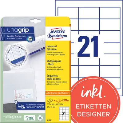 Produktbild von Avery Zweckform 6170 Universal-Etiketten, A4 mit ultragrip,  Adressaufkleber 64 x 36 mm, weiß