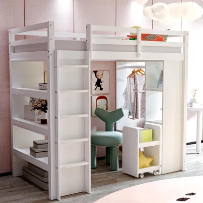 A white loft bed with shelves and a small closet area, set in a child's bedroom with pink walls and decorative elements.