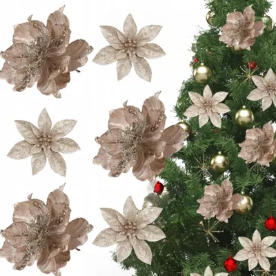 Produktbild von Weihnachtsstern Christbaumschmuck - 6er Set - Große Glitzer Blumen - Champagner