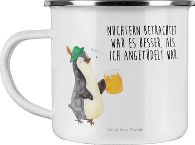 Produktbild von Mr. & Mrs. Panda Teetasse Pinguin Bier - Weiß - Geschenk, Haferl, Angetüdelt, Emaille Becher, Pott, Beschwippst, Tasse, Campingtasse, , Feierabend