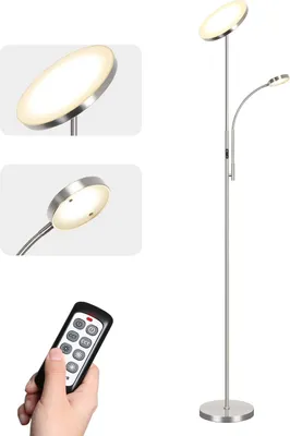 Produktbild von Tomons LED Stehlampe Stehleuchte Stufenlos Dimmbar, Deckenfluter mit verstellbare Leselampe, 3 Farbtemperaturen, mit Fernbedienung und Touch-Schalter für Wohnzimmer, Schlafzimmer und Büro, Silber