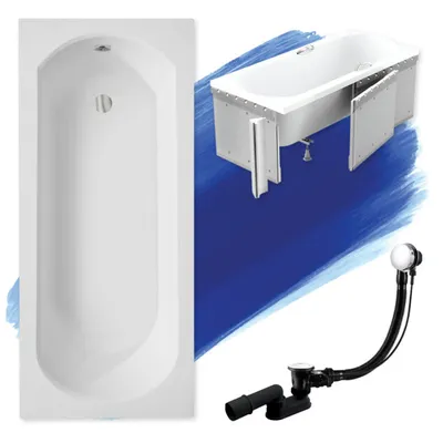 Zdjęcie produktu dla Wanna Akrylowa Zestaw 4w1 Prostokątna 170x75 Biała + Styropianowy Nośnik Stabilizujący, Nowoczesny Syfon i Nogi (stelaż) w komplecie | BADLAND INTRICA