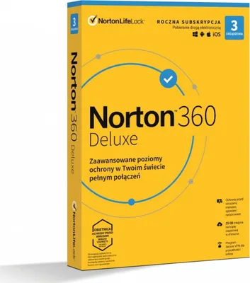 Zdjęcie produktu dla Oprogramowanie NORTON 360 Deluxe 25GB PL 1 użytkownik, 3 urządzenia, 1 rok