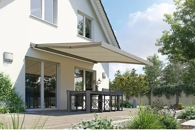 Produktbild von SOLUNA Kassettenmarkise Modern 4x1,5 Stoff Dessin S2838 Gestell RAL 9007 graualuminium links inkl.Motor und Wandschalter