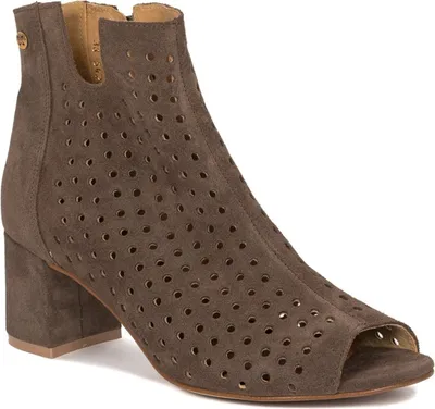 Produktbild von Braune durchbrochene Veloursleder Stiefeletten mit Reißverschluss und 6 cm Blockabsatz
