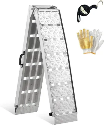 Zdjęcie produktu dla Składana rampa, wytrzymała, udźwig 340 kg, rampa do przyczep, aluminium, wymiary 228x28x4,5 cm. Rampa do załadunku motocykli, samochodów osobowych, wózków inwalidzkich, rowerów i samochodów
