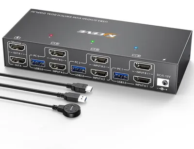 Obrázok produktu pre KVM prepínač pre 2 monitory, 3 počítače, HDMI, 4K@60Hz, podpora dvoch monitorov, USB 3.0