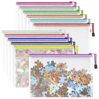 Image de Pochettes de documents format A4, 12 couleurs, imperméables, avec fermeture éclair, en mesh et PVC, dimensions 34x24 cm, lot de 12