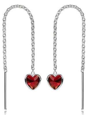 Silberne Durchzieher-Ohrhänger mit Kette und herzförmigem, rotem Zirkonia-Anhänger – modern, elegant und verspielt.