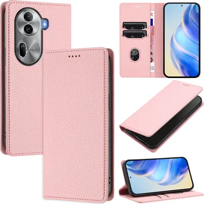 Produktbild von Litchi Leder Handyhülle für Oppo Reno11 Pro Wallet Kartenfächer Standfunktion Hülle Pink
