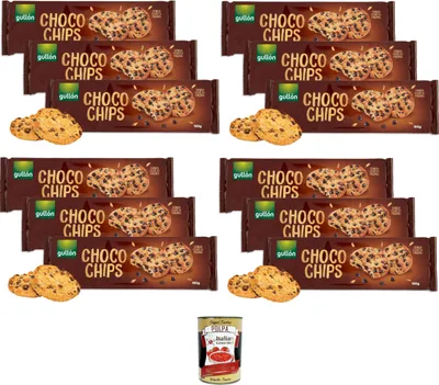 Produktbild von Gullon Choco Chips Golosi Biscotti Cookies con Gocce di Cioccolato Fondente,Choco Chips Leckere Kekse mit dunklen Schokoladenstückchen,12x 150 g + Italian Gourmet polpa 400g