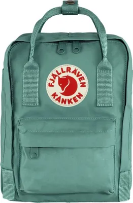 A front-facing shot of a green Fjällräven Kånken Mini backpack on a white background.