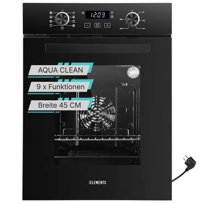 Produktbild von KB-ELEMENTS Einbaubackofen, 45 CM, 50 Liter, 9 x Funktionen, AQUA CLEAN, Wide-Screen-Window, versenkbare Drehknebel, 45EV1