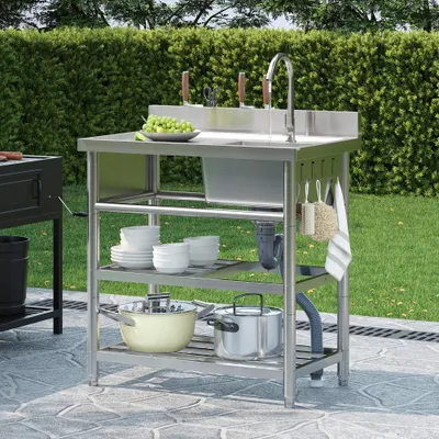 Zdjęcie produktu dla "Wolnostojący zlew ze stali nierdzewnej z kranem, 2 półkami, uchwytem na noże, haczykami, idealny do grilla, ogrodu i campingów, wymiary 80x50 cm."