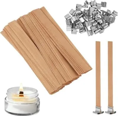 Produktbild von 50 Stück Kerzendochte mit 50 Stück Eisenständer, Holzdocht Kerze, Kerzen Machen Holzdocht für DIY Kerzenherstellung Handwerk, Holzdochte für Kerzen, Kerzendocht Holz