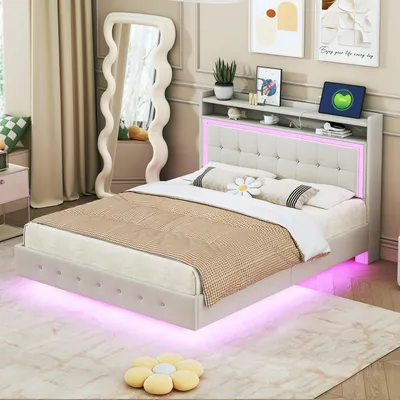 Image de MODFU Lit Double 140x200 cm - Lit Rembourré Adulte avec LED Changeante et Port USB, Pieds Cachés, Tissu Lin Beige - Sans Matelas
