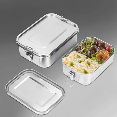 Zdjęcie produktu dla Pojemnik na żywność ze stali nierdzewnej, szczelny, idealny na lunch, z zamknięciem i przegródkami, pojemność 800 ml + 1200 ml