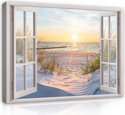 Produktbild von Leinwand Bilder Fensterbilck Meer Strand - 100x75 cm - Panorama Natur Landschaft Modern Canvas Leinwandbild XXL Illusion Fenster Küche Schlafzimmer Wohnzimmer Wandbild Kunstdruck Wandbilder Wand Bild auf Leinwand Aufhängefertig