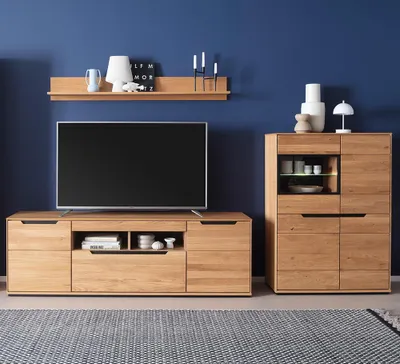 Produktbild von Wohnwand in Eiche teilmassiv mit Highboard, Wandboard, Lowboard & LED-Beleuchtung, 3-teilig - AVESTA-06