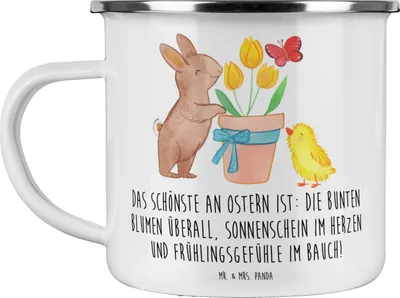 Produktbild von Mr. & Mrs. Panda Pott Hase Küken - Weiß - Geschenk, Ostergeschenk, Emaille Tasse, Ostern, Becher, Motivtasse, Teetasse
