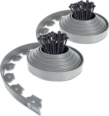 Two coiled garden edging products with stakes, presented on a white background.