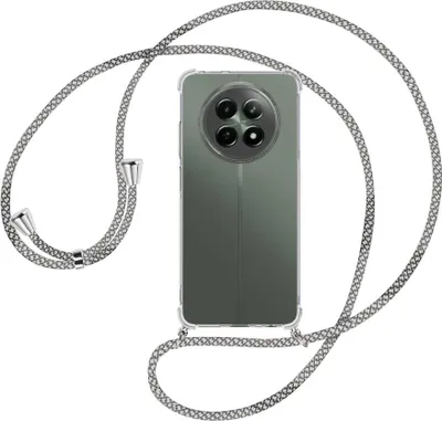 Produktbild von Handykette Backcover-Schutzhülle mit Band (Metall silberfarben) für Realme 12 5G / 12X 5G - weiß/grau kariert