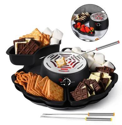 Produktbild von 2-in-1 S'mores Maker & Schokoladenfondue Set elektrisch, Tisch Marshmallow Röster mit Temperaturregelung, inkl. 4 Spieße & 4 Tabletts
