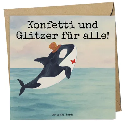 Produktbild von Mr. & Mrs. Panda Glückwunschkarte Orca Zylinder Design - Weiß - Geschenk, faltkarte, doppelkarte, Glitter, Geburtstag, Klappkarte, Grußkarte, anlasskarte, Konfetti, Fest