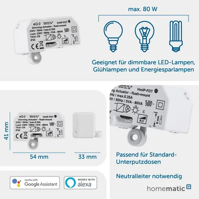 Productafbeelding van Homematic IP Smart Home Dimmer, inbouwmodel – Fase-afsnijding, dimt verlichting via app, Alexa en Google Assistant, digitale fase-afsnijdingsdimmer voor dimbare lampen en LED-lampen, 150609A0