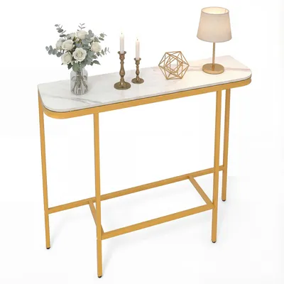 Produktbild von COSTWAY Konsolentisch schmal, Eingangstisch Marmor Optik, Sofatisch mit Metallrahmen, Flurtisch für Flur, Büro & Wohnzimmer, 110x30x91cm, Weiß