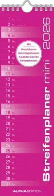 Produktbild von Alpha Edition - Streifenplaner Mini PINK Kalender 2026 - Kompakter Streifenkalender 9,5x33 cm - für Singles, Paare & kleine Haushalte - Schlichtes Design - Mit Feiertagen (DE/AT/CH)