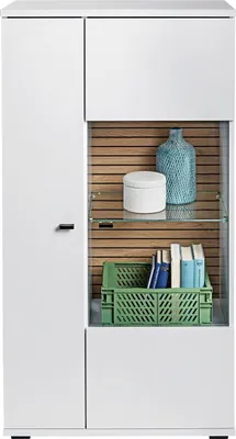 Produktbild von Vitrine - 70 x 135 cm - Weiß matt Nachbildung - Nox Eiche Nachbildung - 2 Türen - 1 Glasboden