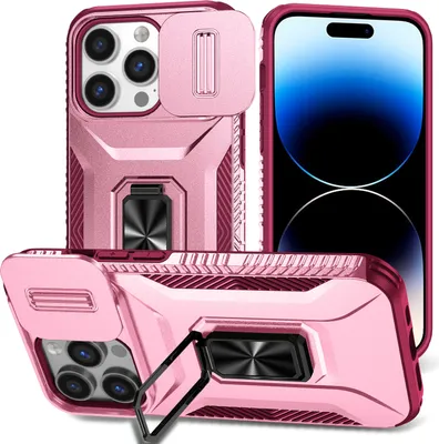 Produktbild von Handyhülle für iPhone 14 Pro Dual Layer Hülle mit Schiebe Kamera Schutz und Ringhalter Ständer Rosa