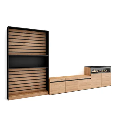 Produktbild von Wohnwand Wohnzimmer, 360x35x186cm, Für TV-Geräte bis zu 65", Elektrokamin, Eiche und Schwarz