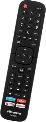 A black Hisense TV remote control is shown against a white background.