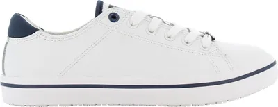 A side view of a white and navy sneaker against a white background.