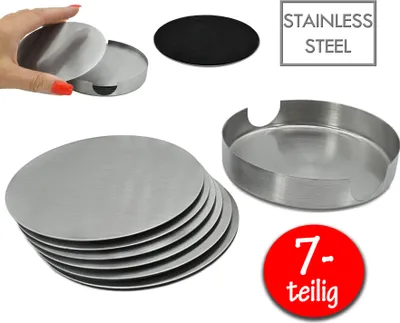 Produktbild von 7-teiliges Untersetzer Set aus Edelstahl Glasuntersetzer rund mit Halter Ø10 cm