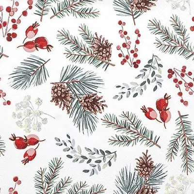 Produktbild von 20 Servietten Winter Botanicals - Nätürliche Zweige, Beeren und Zapfen 33x33cm