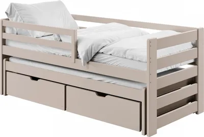 Produktbild von Einzelbett 90x200 cm mit Rausziehbett 90x190 cm mit Zwei Schubladen, Rausfallschutz und Lattenrosten, Vollholz massiv in Kaschmir, Kinderbett Funktionsbett 90x200 cm | von 4. bis 18. Lebensjahr