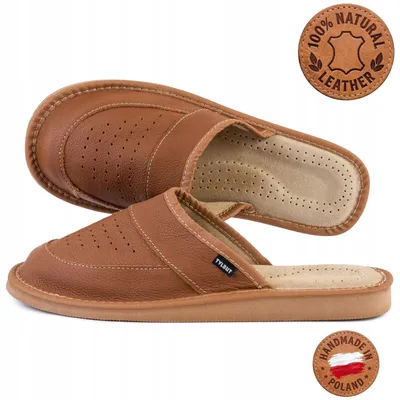 Productafbeelding van Heren slippers, echt leer, rundleer, lichtbruin, met de hand genaaid, maat 40