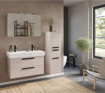 Produktbild von Badmöbel Set 3-teilig Waschtisch für 2 Armaturen, Spiegelschrank und Midischrank, in kaschmir - ATELLA-03