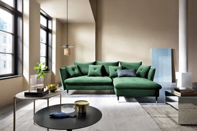 Produktbild von Eckofa L-Form Sagir - Wohnzimmersofa mit Schlaffunktion & Bettkasten - Rechts - Samtstoff (Grün - Riviera 38)